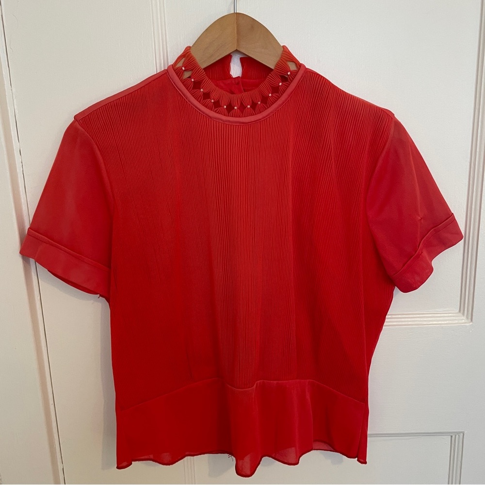 Vintage 1950s Red Pleated Blouse Pearl Collar Finland Short Sleeve Top S - Picture 1 of 12